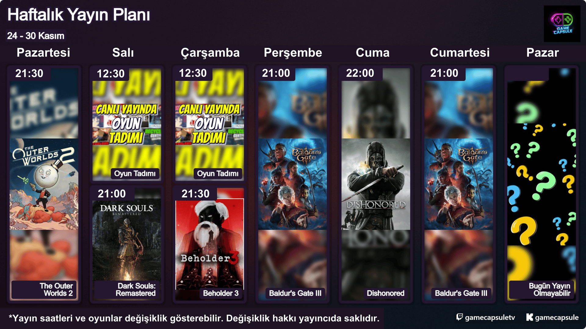 Haftalık Yayın Takvimi